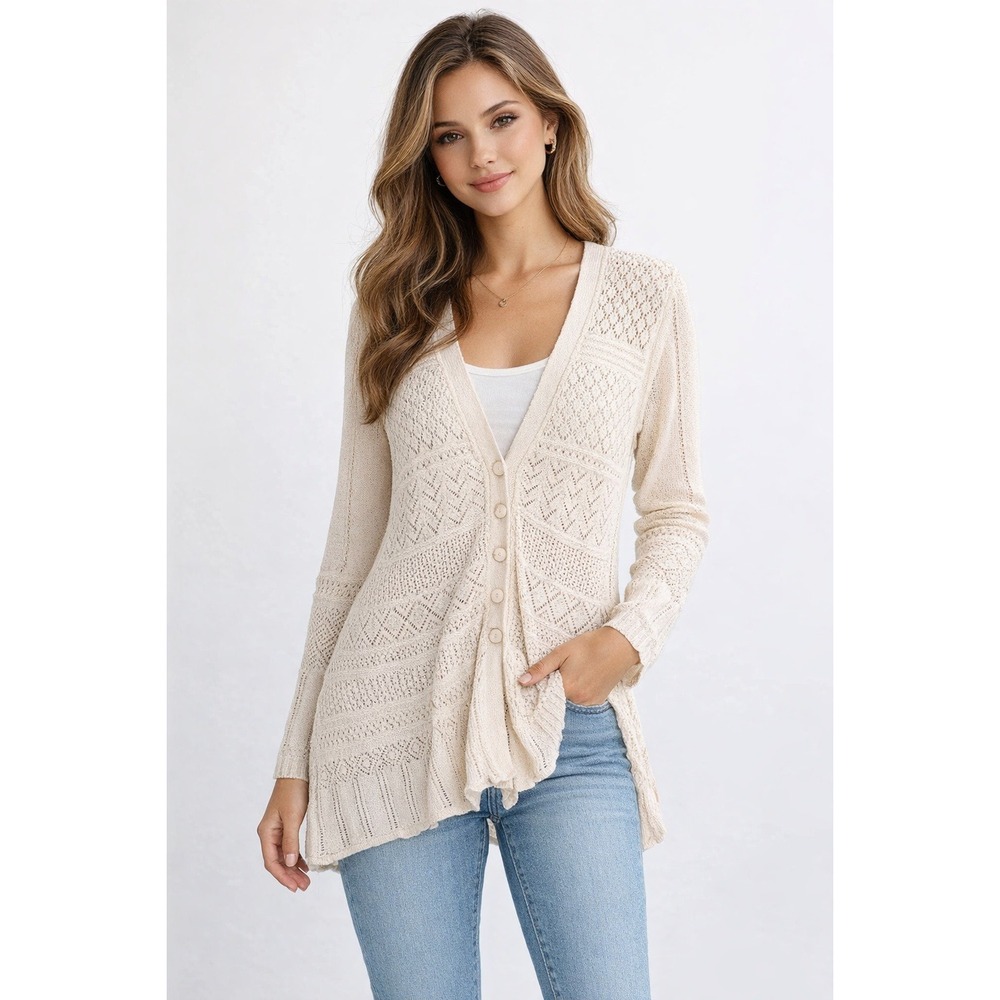 Nine West Merino Wool Crochet Knit Cardigan M Cream Boho‎ Fairycore Long Sweater